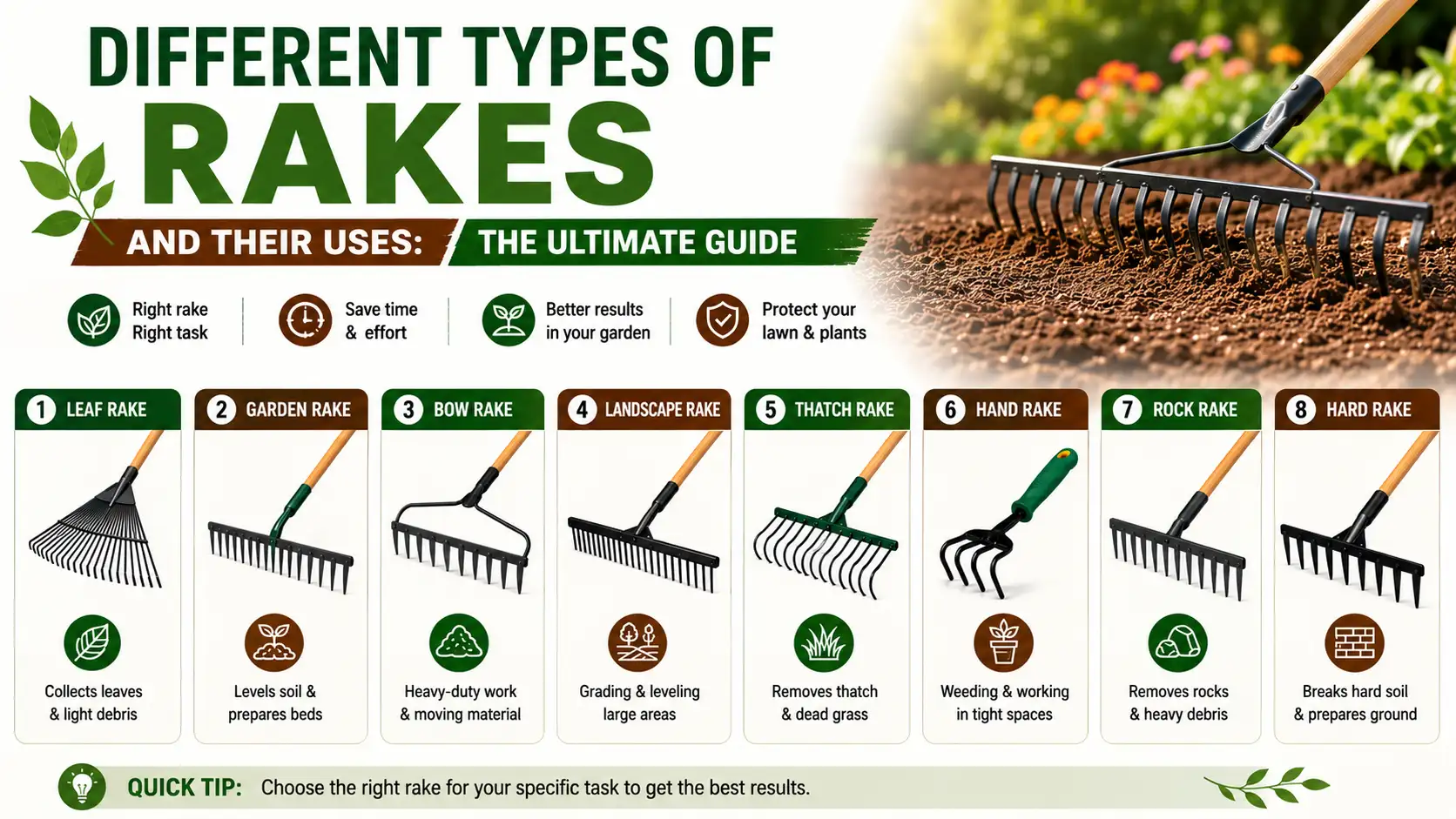 Different types of rakes and their uses in gardening and landscaping