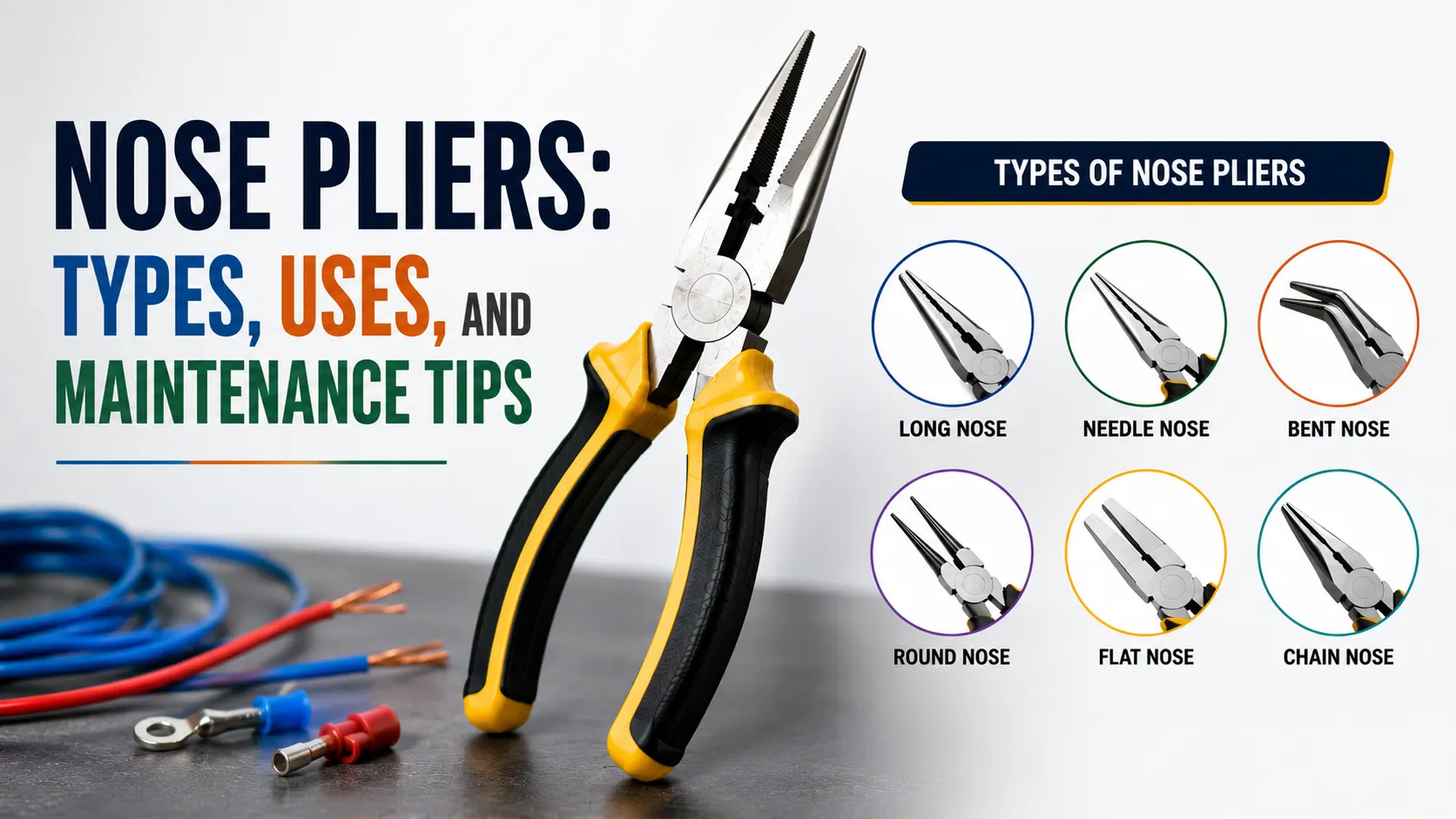 Nose pliers infographic showing different types of nose pliers with a professional industrial tool design