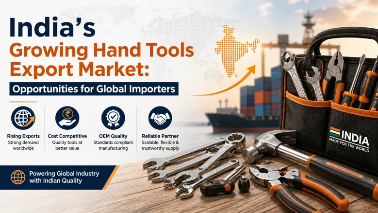 India hand tools export market banner with tools and shipping scene