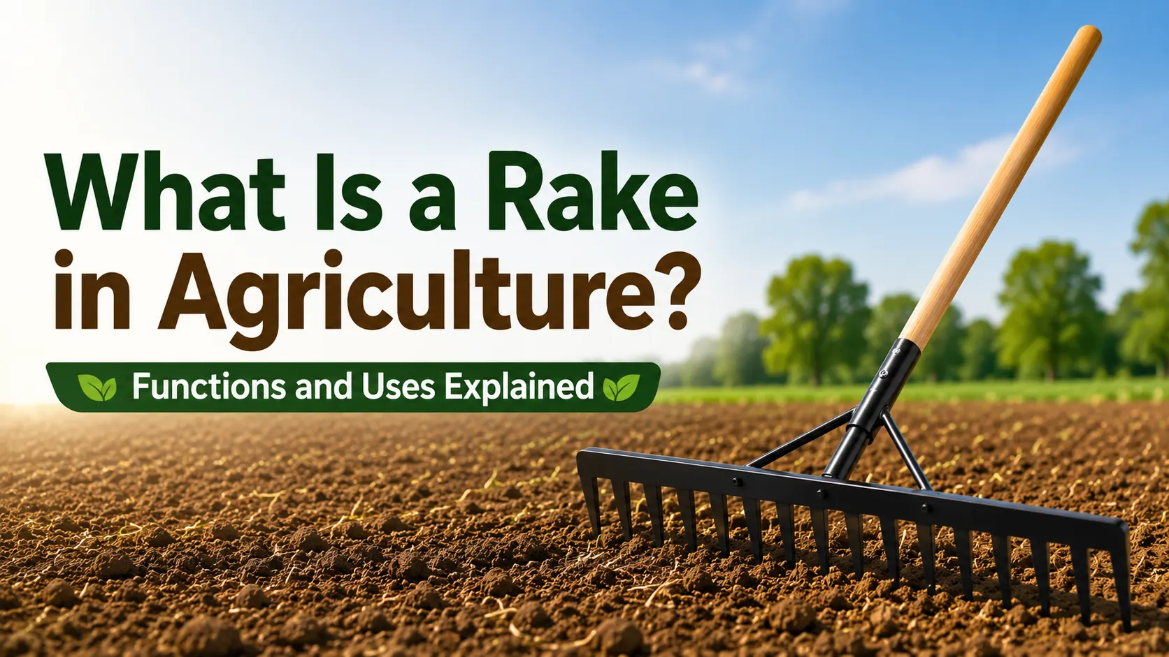 Rake used in agriculture for soil leveling and field preparation.