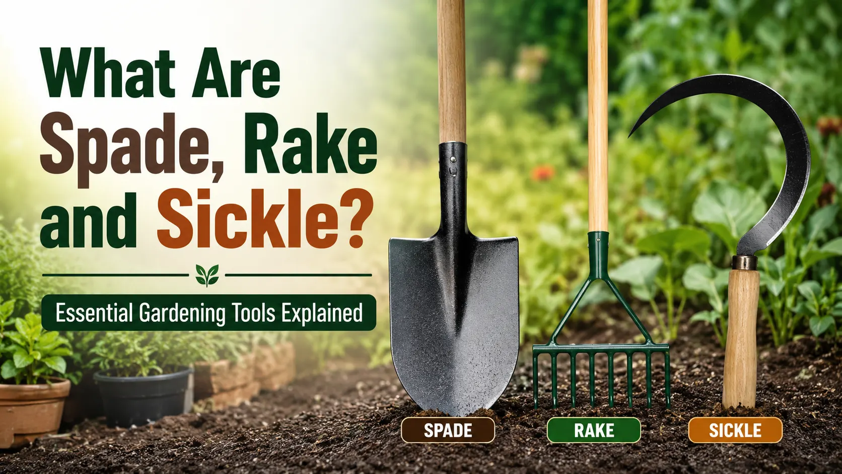 Spade, rake, and sickle gardening tools used for digging, leveling, and cutting vegetation.