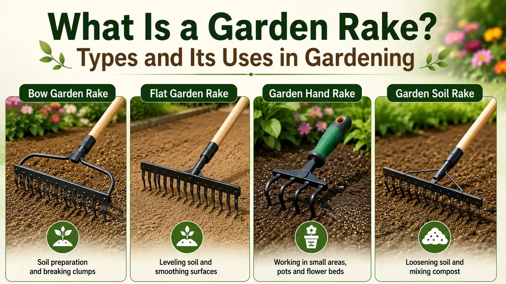 Bow Garden Rake, Flat Garden Rake, Garden Hand Rake, and Garden Soil Rake used in gardening