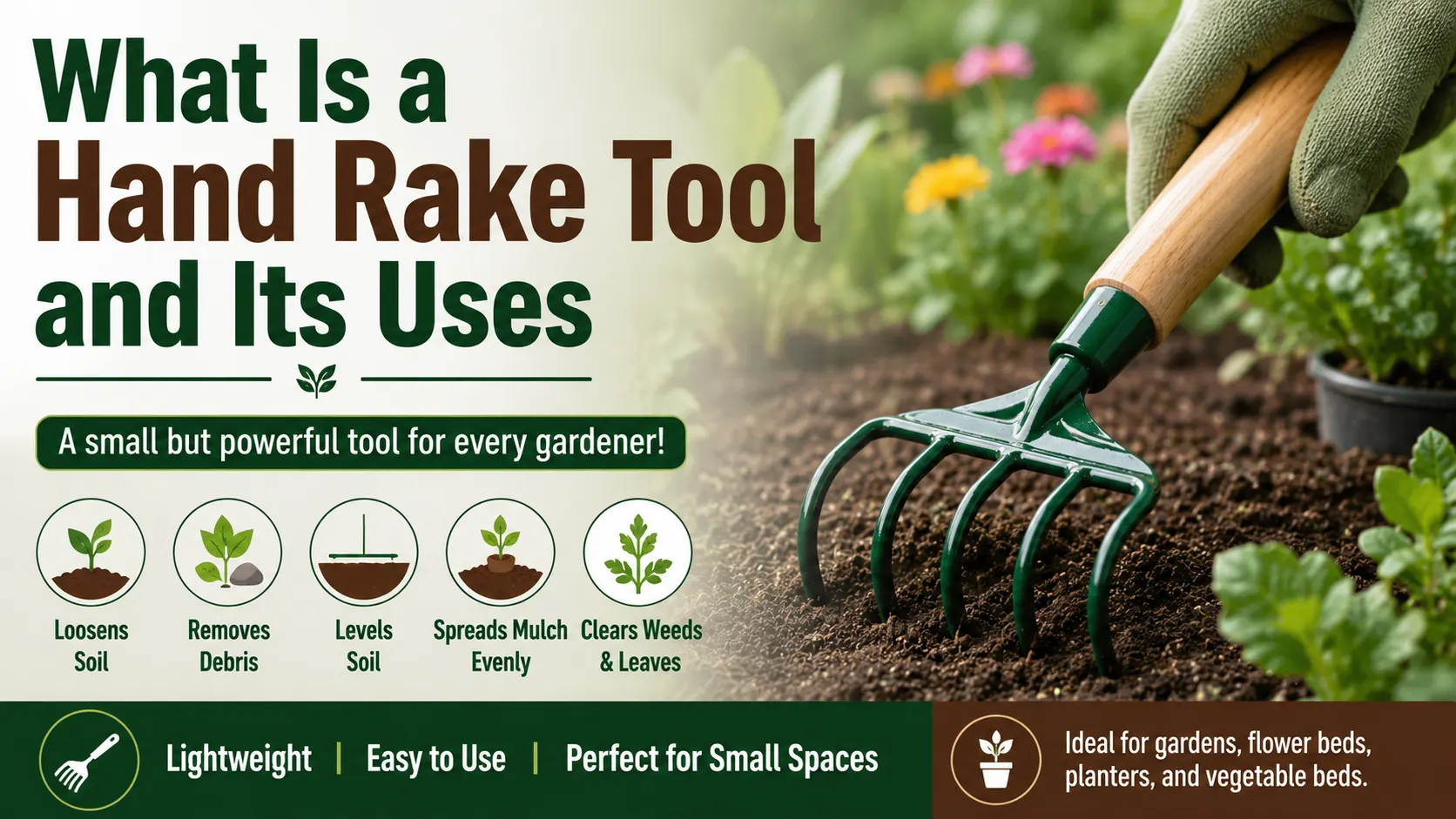 Hand rake tool used for loosening soil, removing weeds, and garden maintenance.