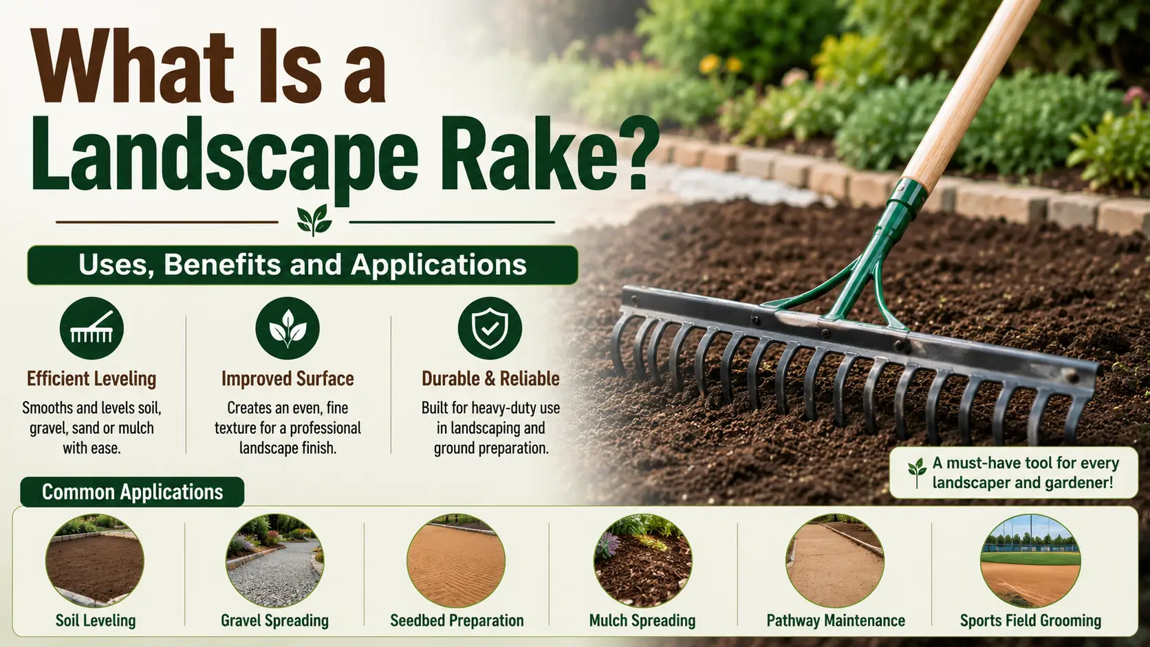 Landscape rake used for soil leveling, gravel spreading, and ground preparation.