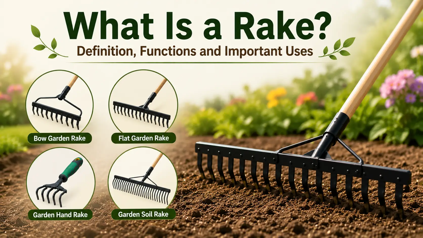 Garden rake used for soil preparation, leveling, and debris removal