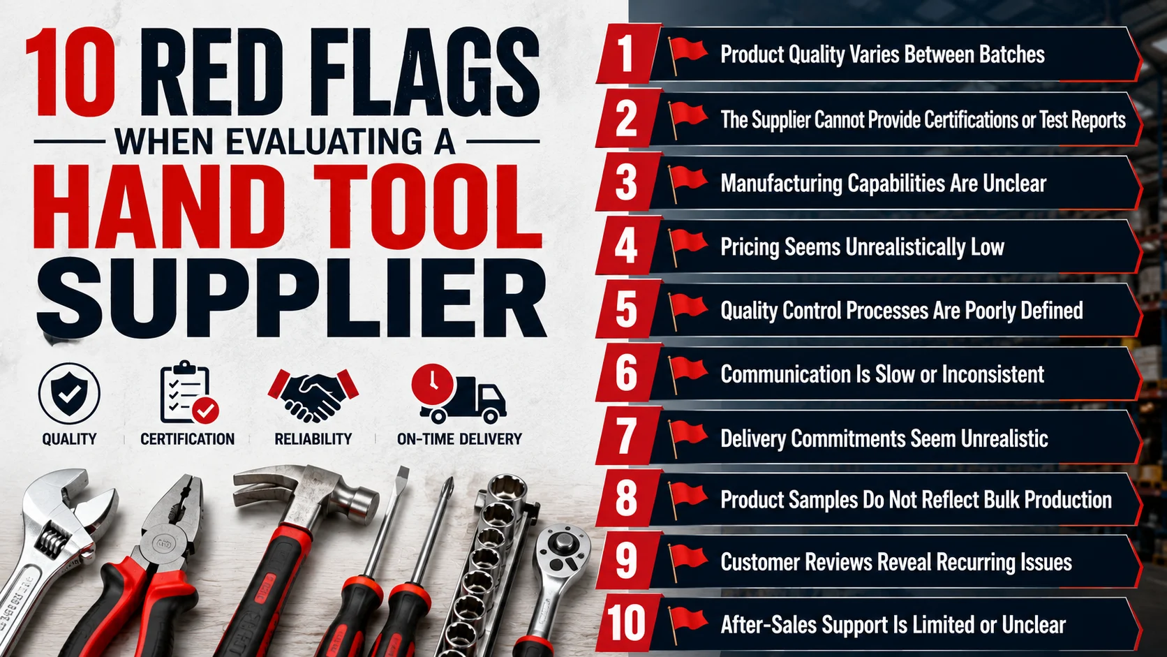 Infographic highlighting 10 red flags to evaluate before choosing a reliable hand tool supplier