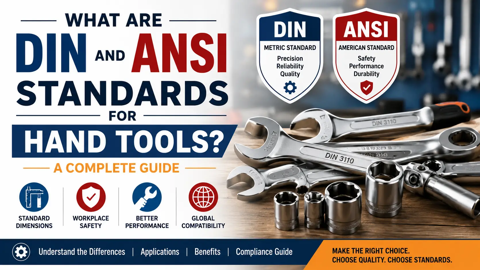 DIN and ANSI standards for hand tools illustrated with combination spanners, socket tools, and a comparison of international manufacturing standards.