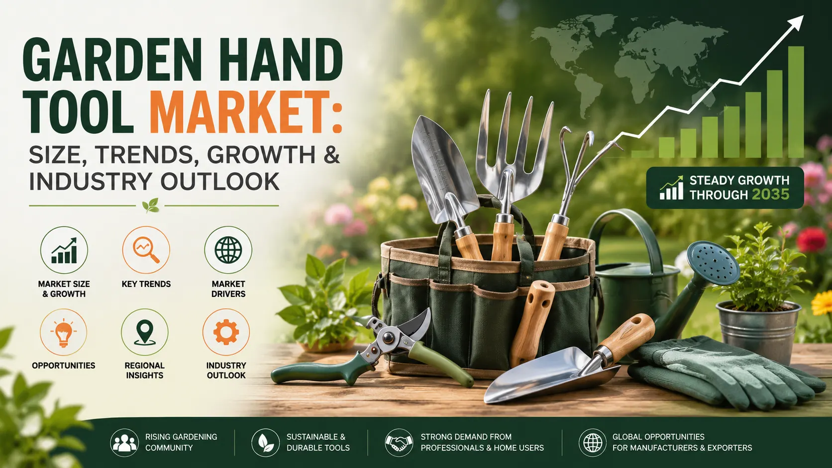 Garden hand tool market size, trends, growth, and industry outlook infographic featuring essential gardening tools and global market growth analysis.