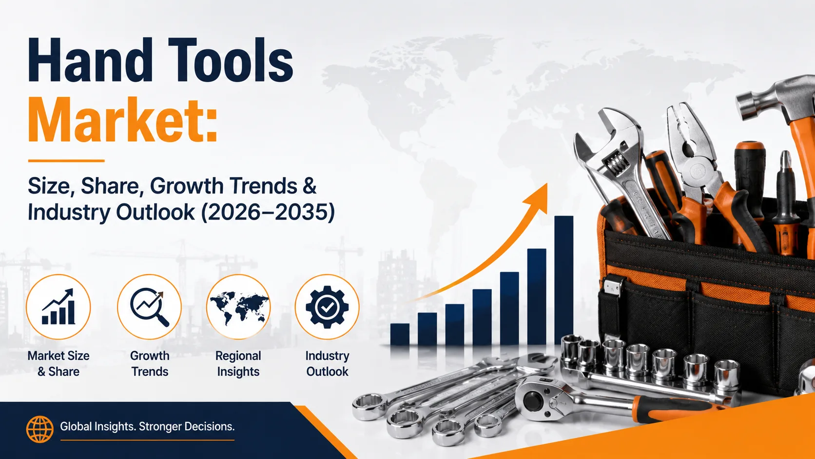 Global hand tools market size, share, growth trends, regional insights, and industry outlook (2026–2035) featuring professional industrial hand tools and market growth visualization.