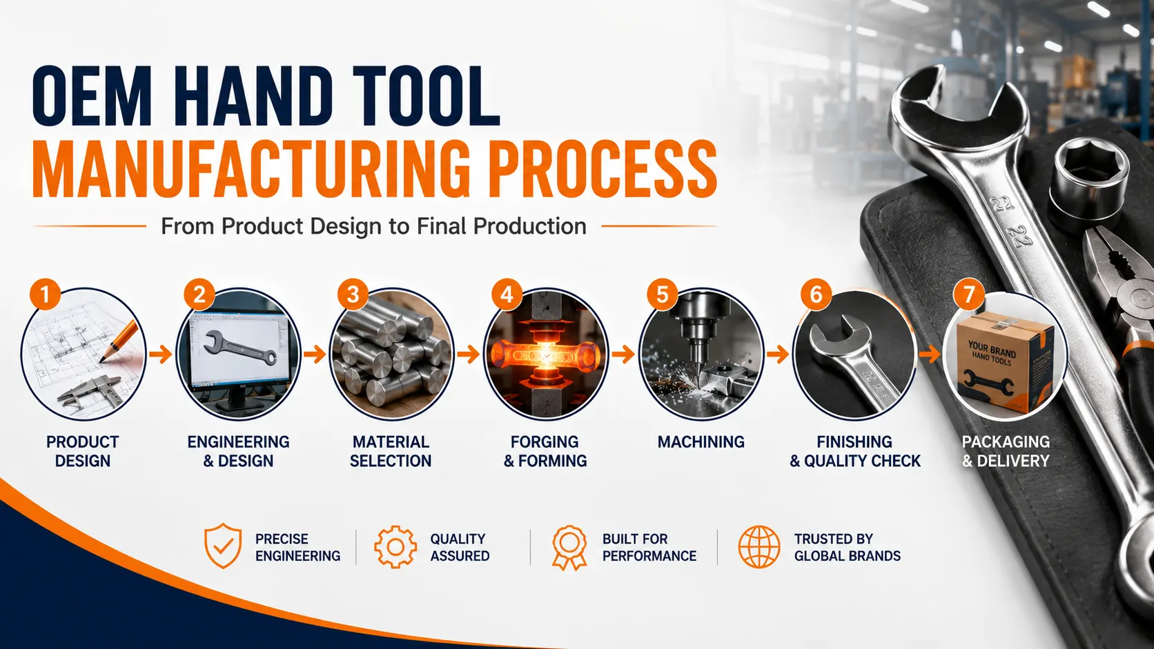 OEM hand tool manufacturing process from product design and engineering to forging, machining, finishing, quality control, and final production