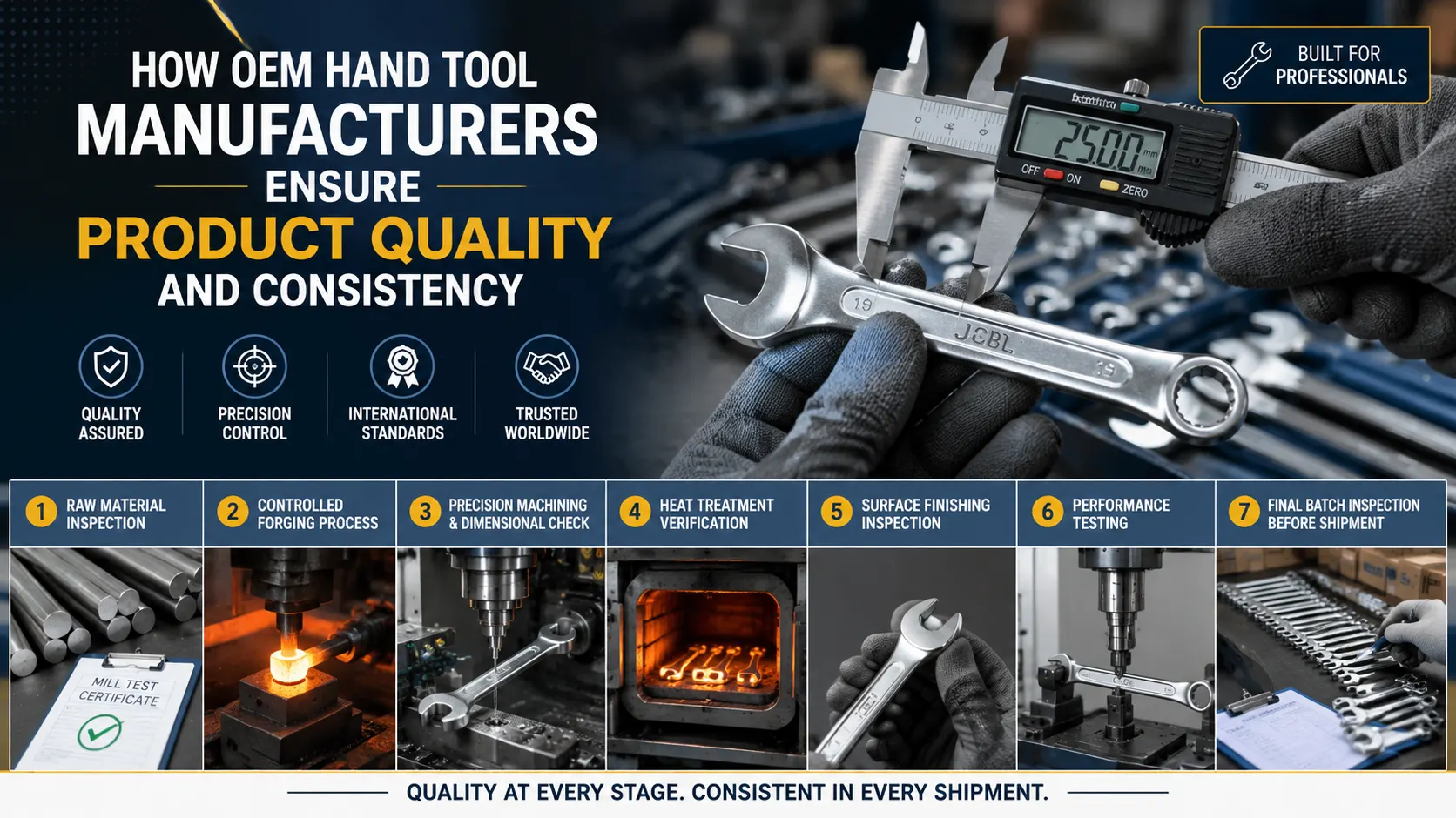 OEM hand tool manufacturer performing quality control inspection using precision measuring tools during the manufacturing process