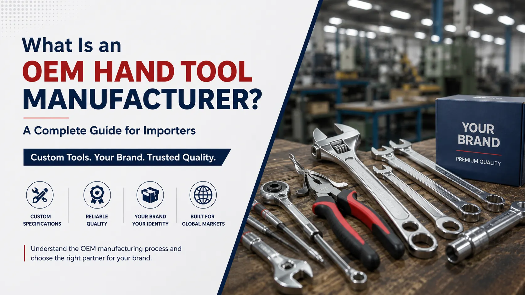 OEM hand tool manufacturer guide with industrial hand tools and factory workspace.