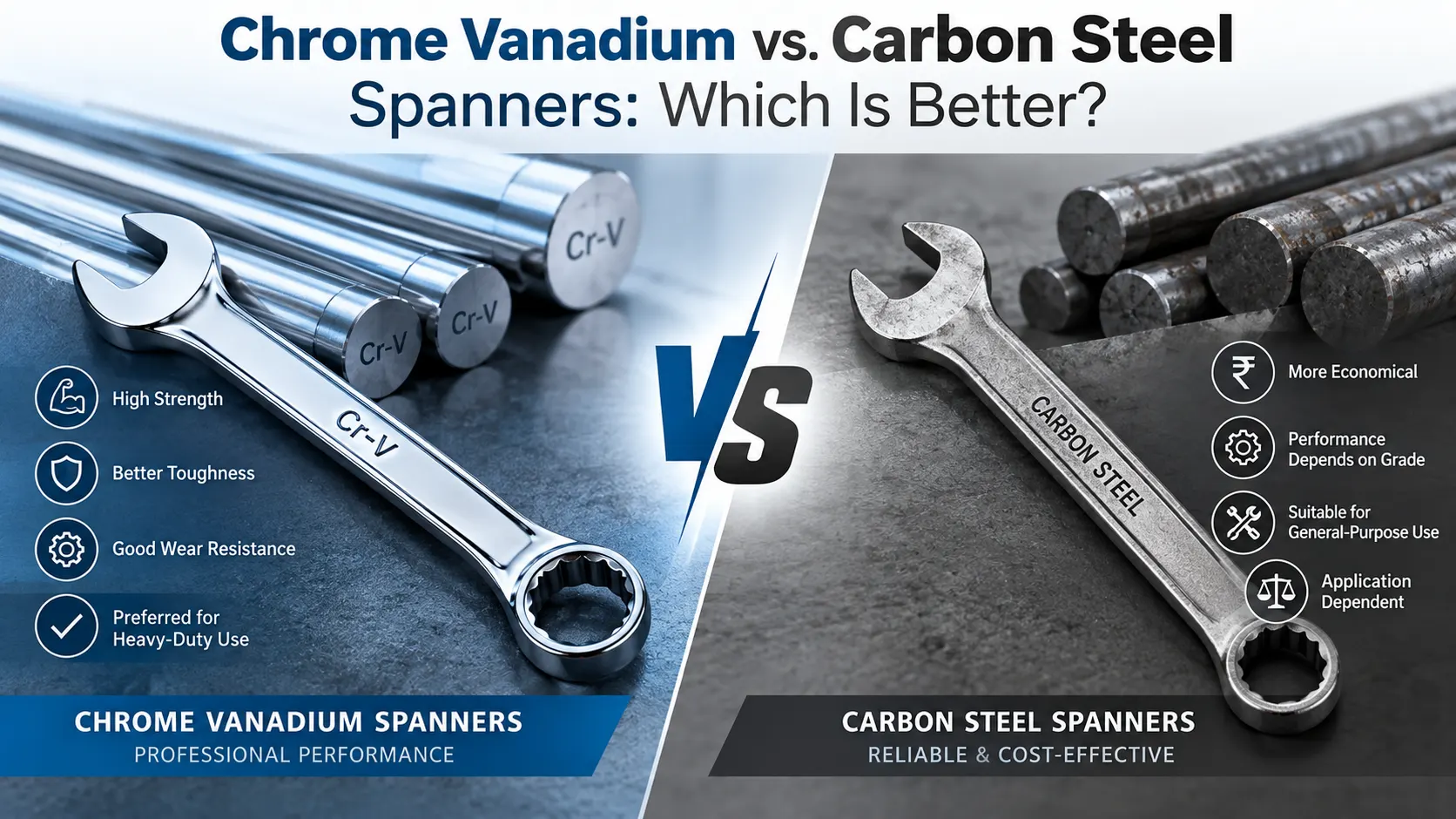 Chrome vanadium vs carbon steel spanners comparison showing strength, durability, cost and heavy-duty suitability