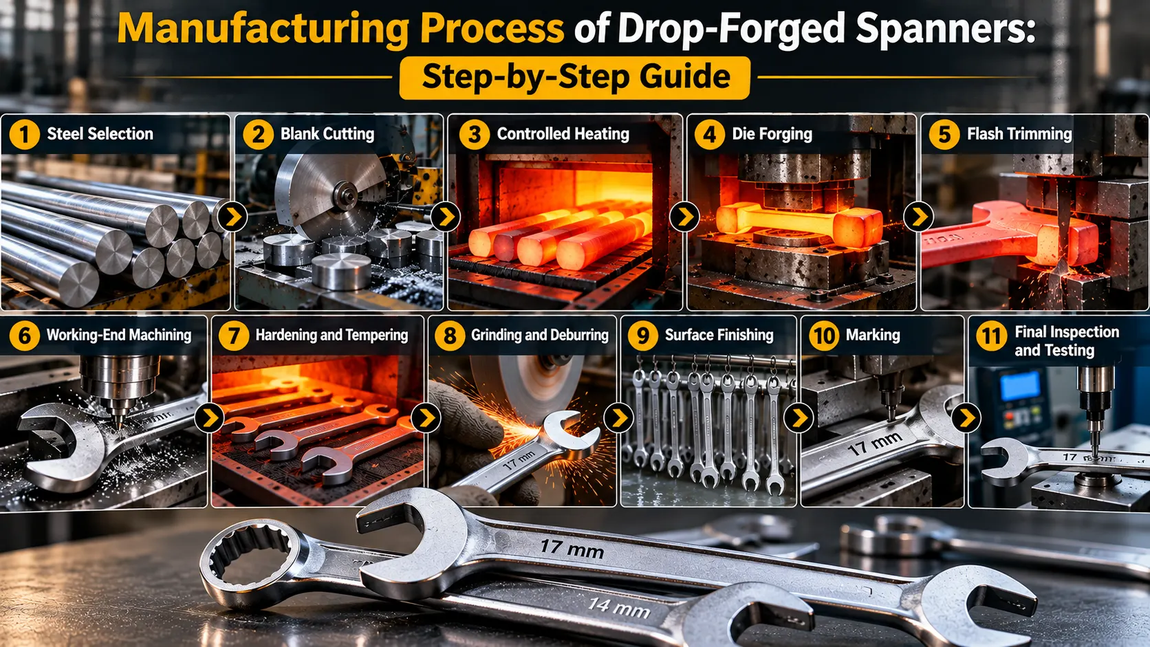 Manufacturing process of drop-forged spanners from steel selection and die forging to heat treatment and final inspection