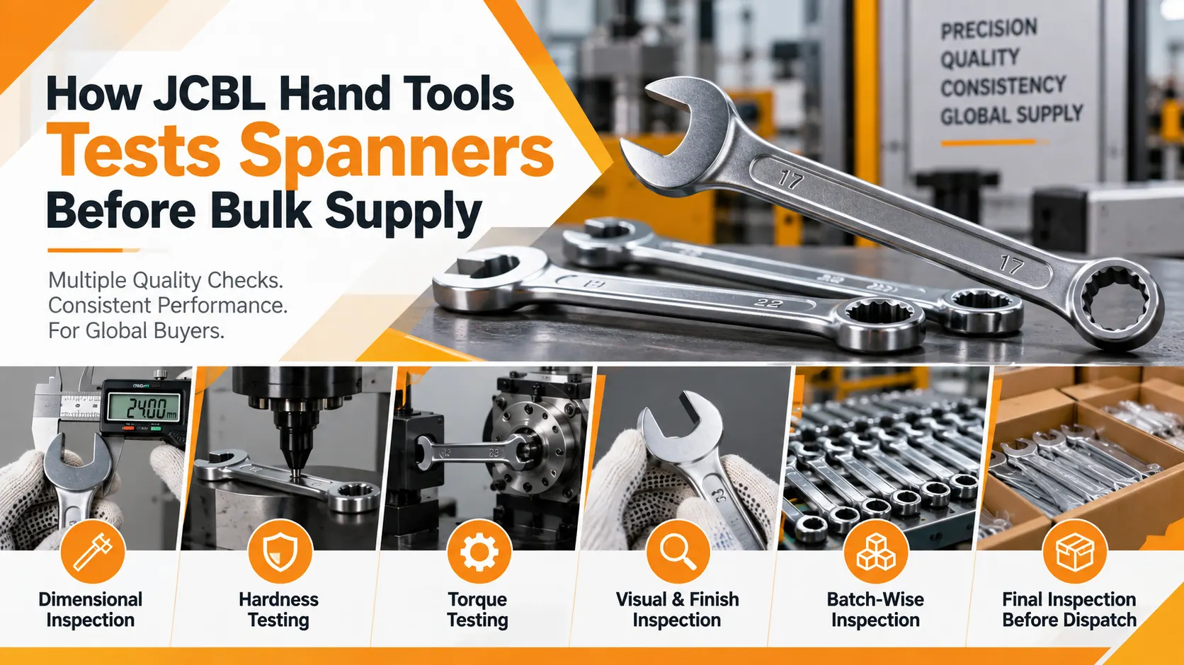 How JCBL Hand Tools tests spanners before bulk supply with dimensional, hardness, torque, visual and batch inspections