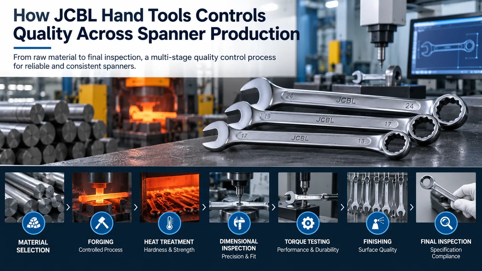JCBL spanner quality control during material selection, forging, heat treatment, testing and final inspection