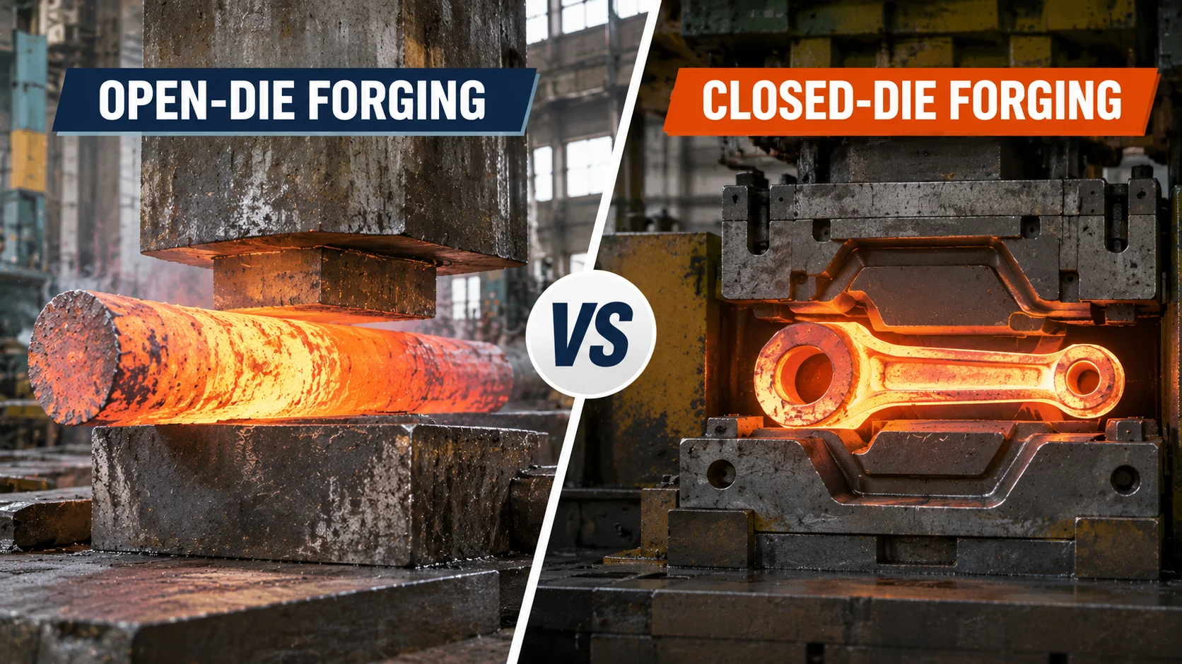 Open-die vs closed-die forging process comparison showing forging dies and hot metal forming