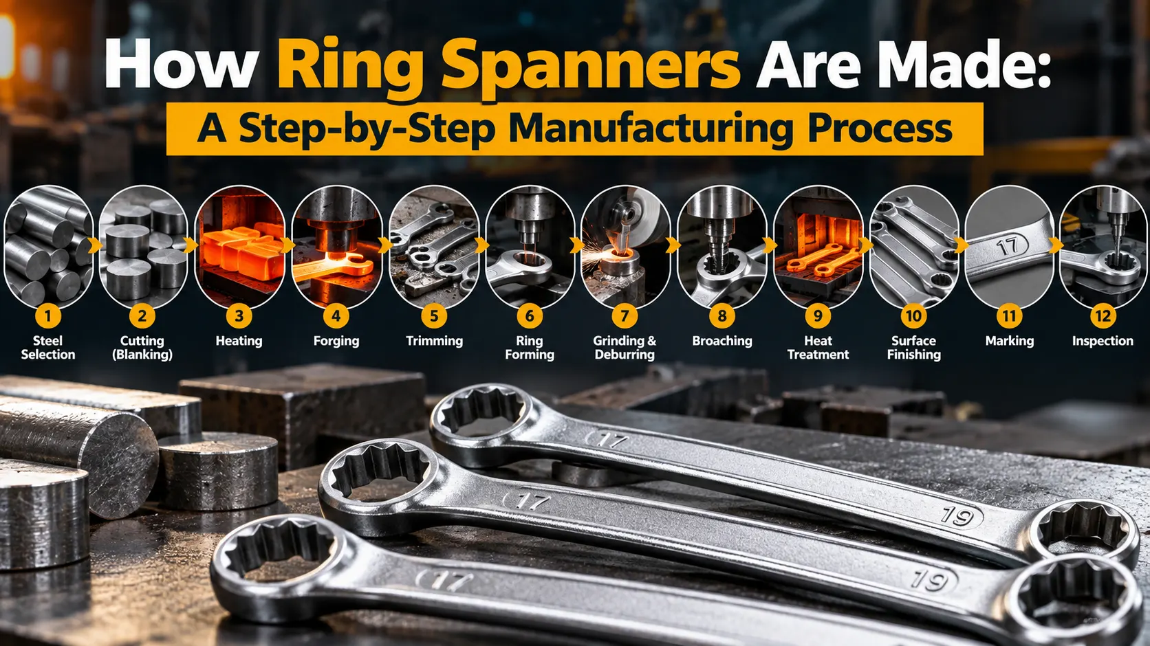 Step-by-step ring spanner manufacturing process from steel selection and forging to heat treatment and inspection