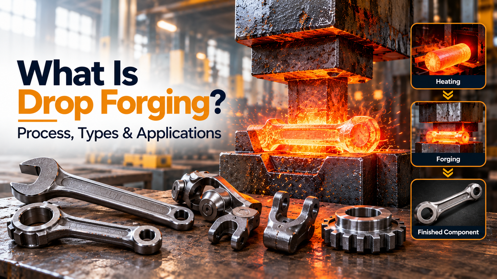 Drop forging process showing heated metal shaping, forging press, and finished hand tool components