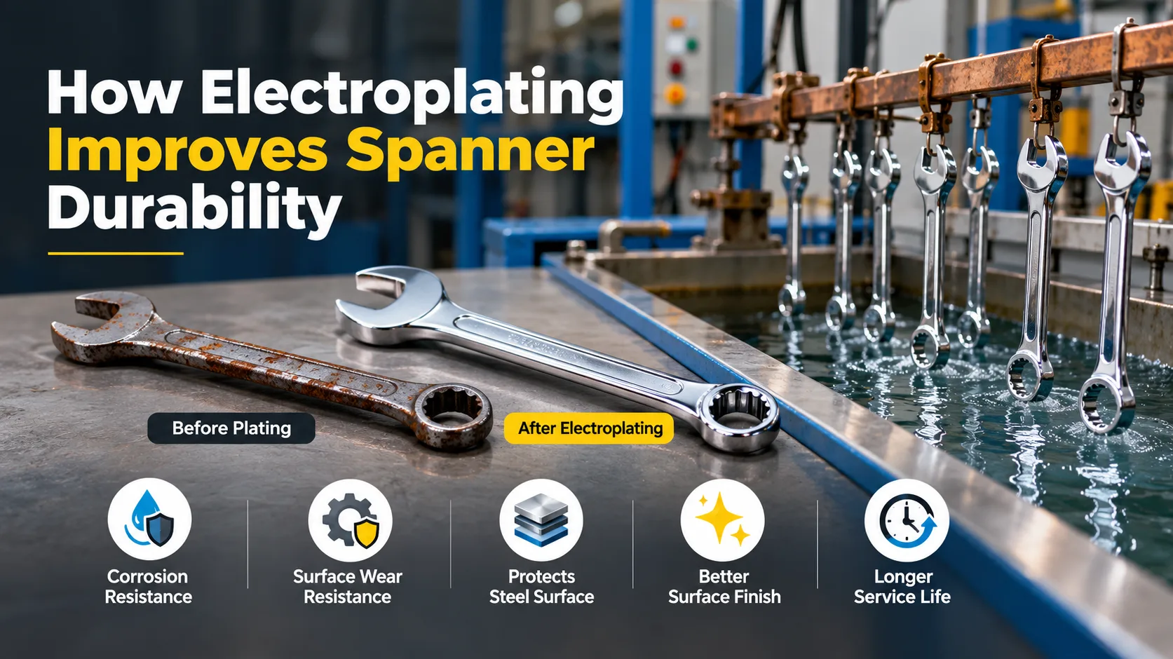 Electroplating spanner durability with corrosion-resistant chrome finish and improved surface protection.