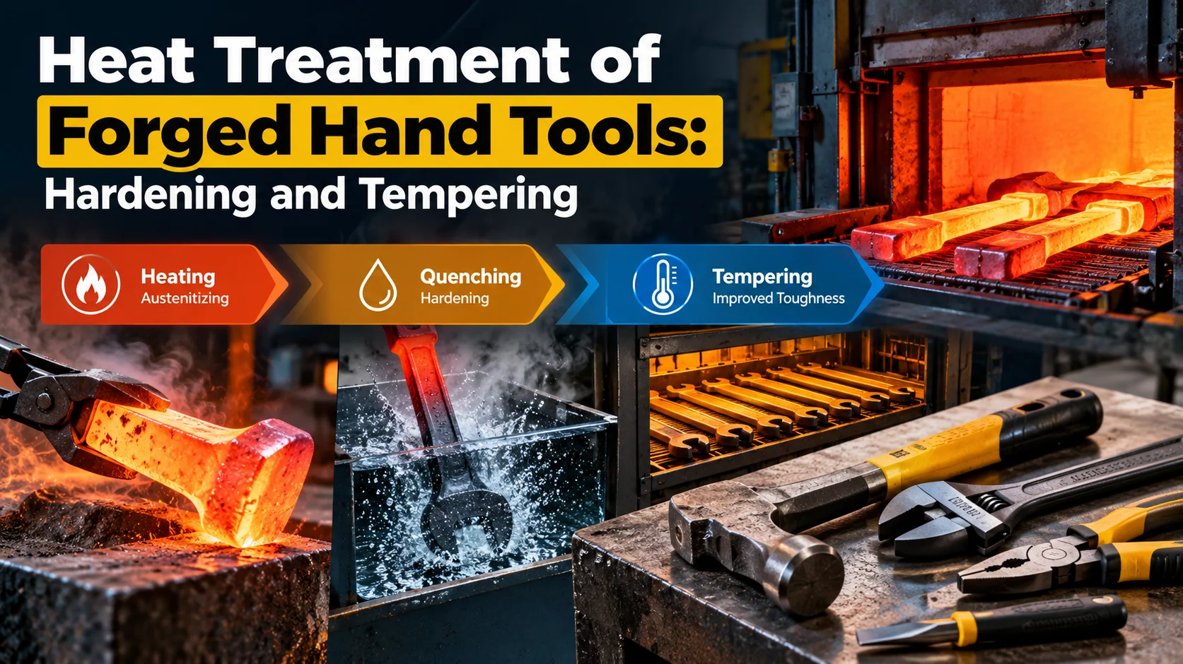 Heat treatment of forged hand tools: hardening and tempering.