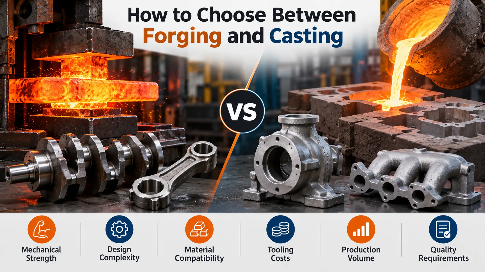 Forging vs. casting comparison showing metal forging and molten metal casting processes.