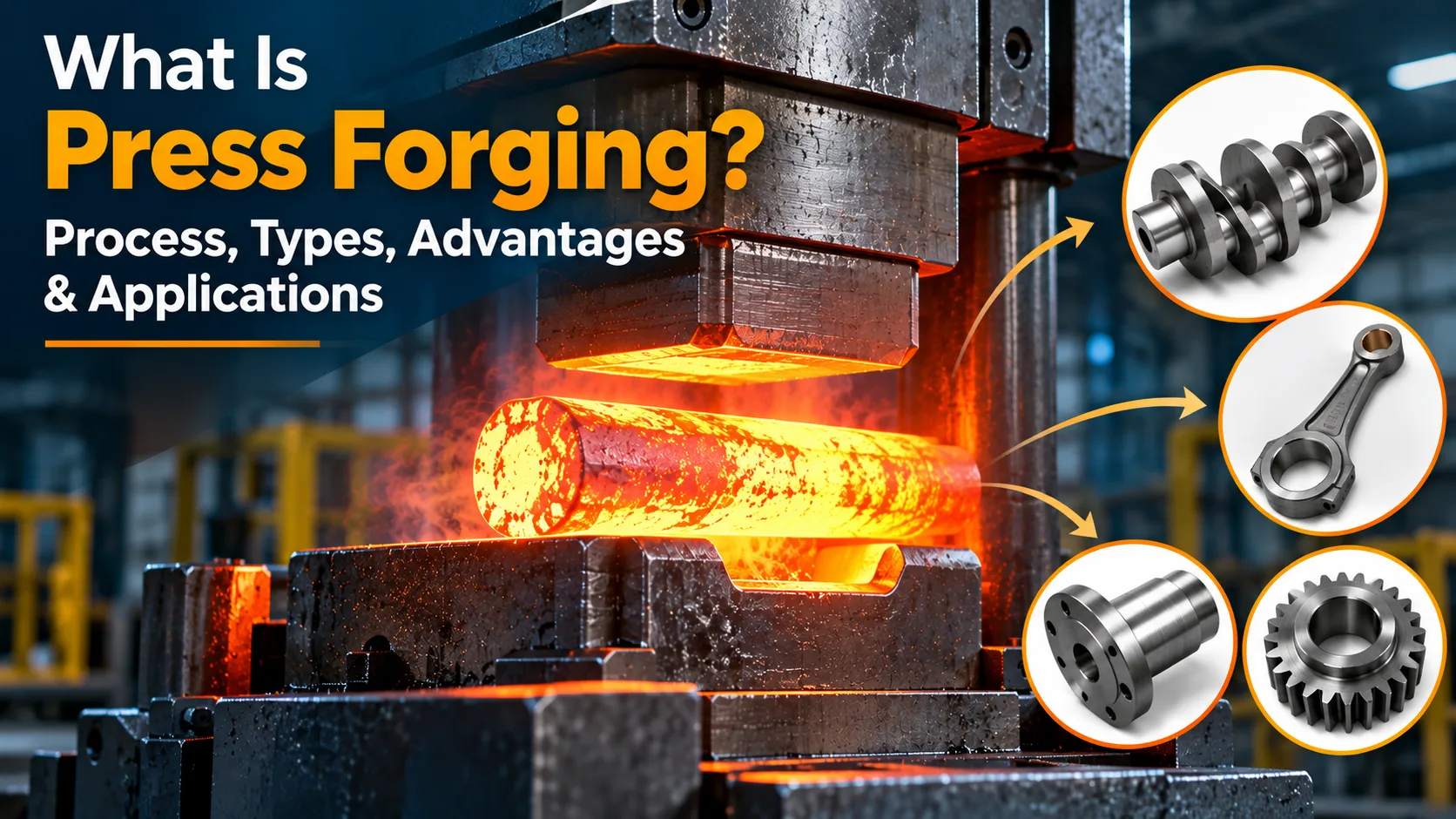 Press forging process with hot metal and forged industrial components.