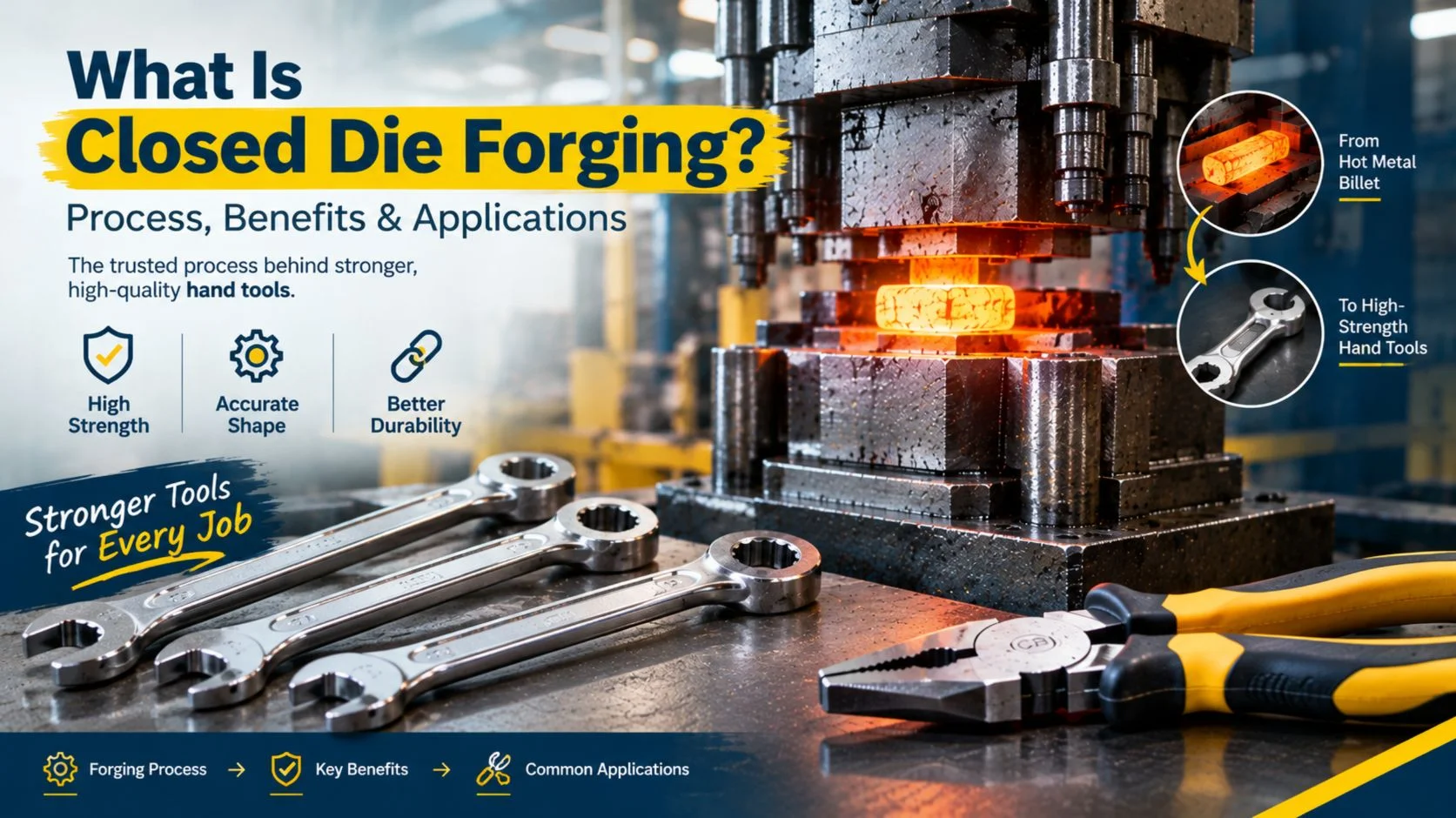 Closed die forging process for durable steel hand tools.