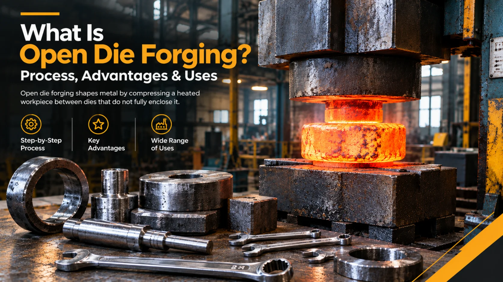 Open die forging presses hot metal into shape using heavy machinery.