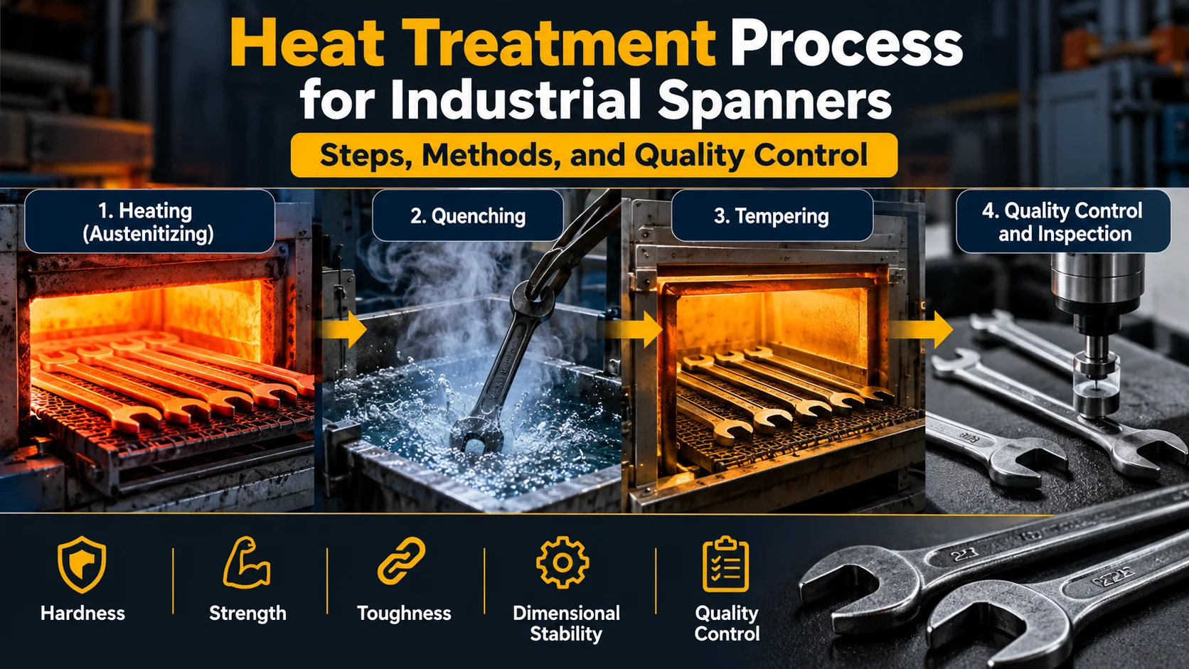Heat treatment process for industrial spanners showing heating, quenching, tempering and quality control
